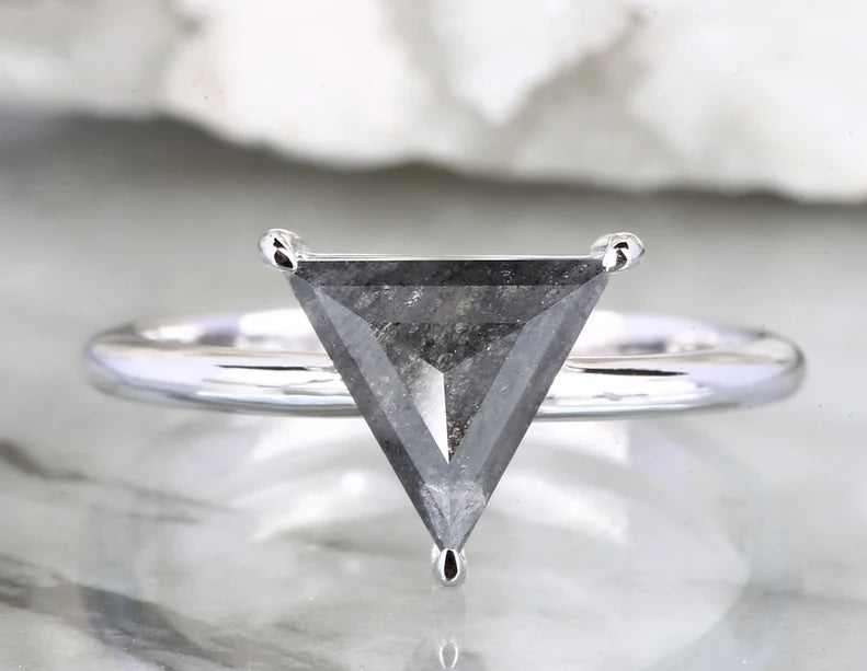 Salt and Pepper Diamond Ring ! Natural Triangle Cut Diamond ! Natural Gray Color Diamond Anniversary Ring ! Gift For Her