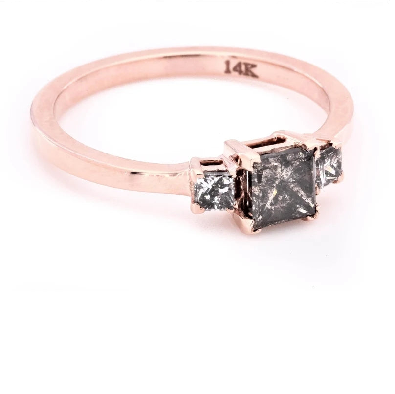 Salt and Pepper Diamond Ring, Natural Princess Cut Diamond Ring, Engagement Ring, Diamond Ring, 14k Gold Ring, Gift For Her