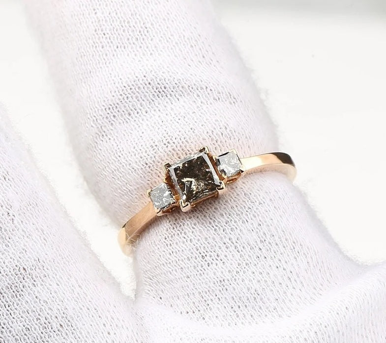 Salt and Pepper Diamond Ring, Natural Princess Cut Diamond Ring, Engagement Ring, Diamond Ring, 14k Gold Ring, Gift For Her