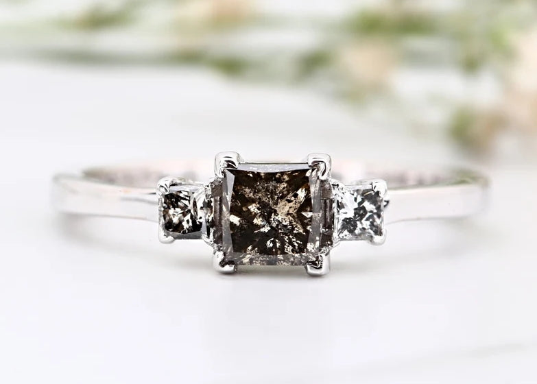 Salt and Pepper Diamond Ring ! Natural Princess Cut Diamond Engagement Ring ! Natural Gray Color Diamond Anniversary Ring ! Gift For Her