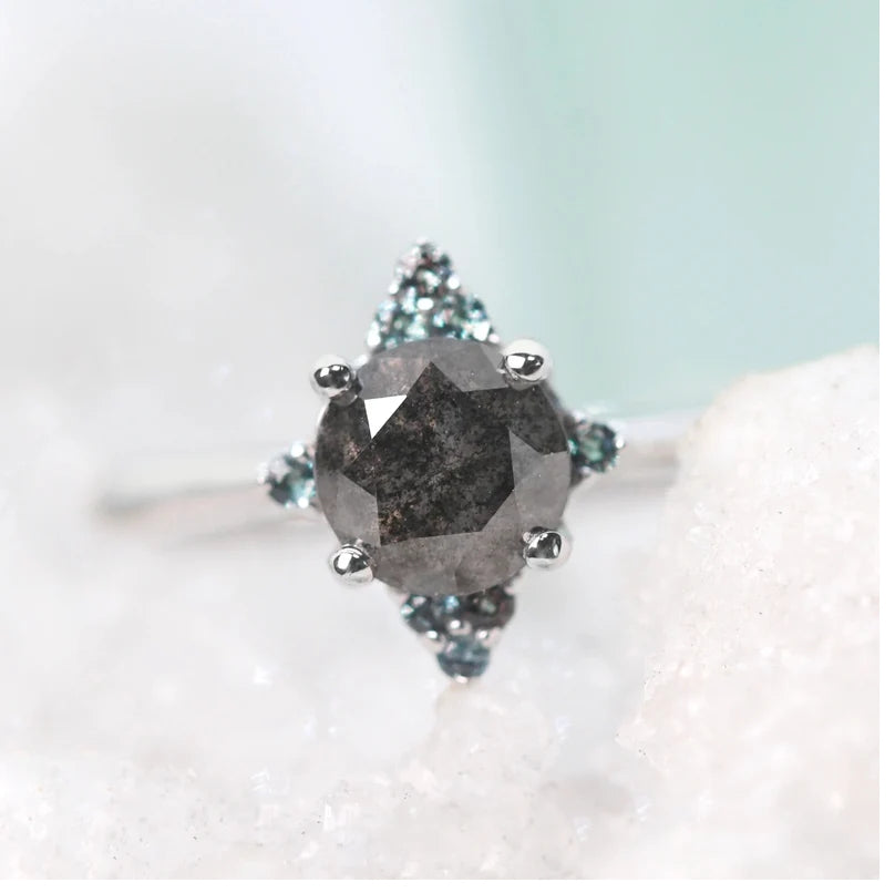 Salt and Pepper Diamond Ring ! Natural Round Cut Diamond Engagement Ring ! Natural Black Diamond Anniversary Ring
