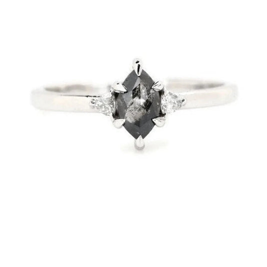 Salt And Pepper Diamond Engagement Ring ! Marquise Triangle Cut Diamond 14K Gold Ring Wedding Gift Ring ! Anniversary Ring ! Gift For Love