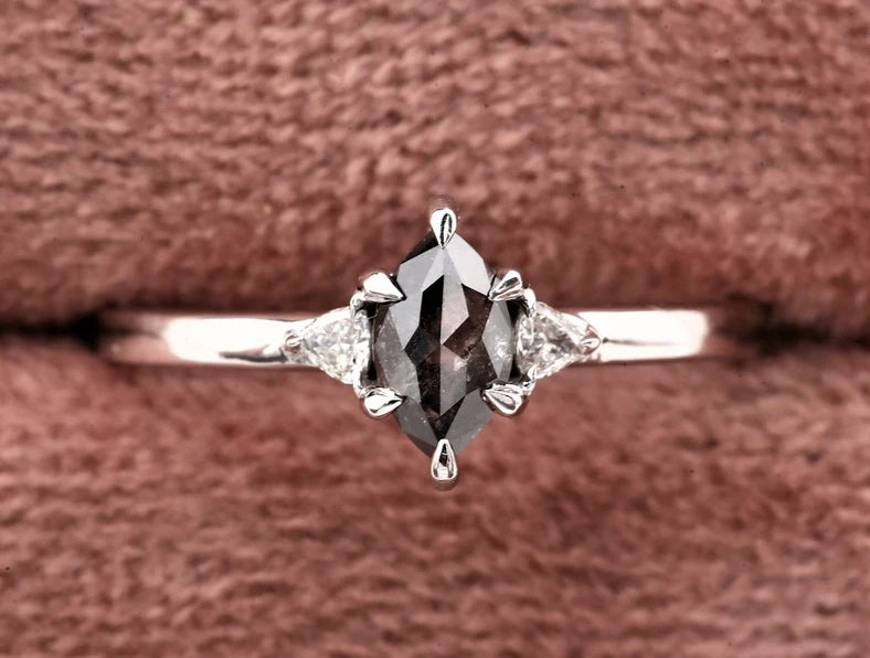 Salt And Pepper Diamond Engagement Ring ! Marquise Triangle Cut Diamond 14K Gold Ring Wedding Gift Ring ! Anniversary Ring ! Gift For Love