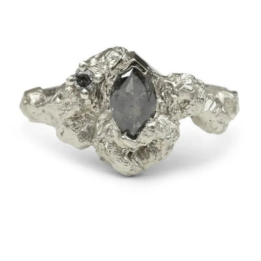 Vintage Salt and Pepper Diamond Ring ! Natural Marquise Cut Diamond ! Natural Gray Black Diamond Engagement Ring ! Gift For Her