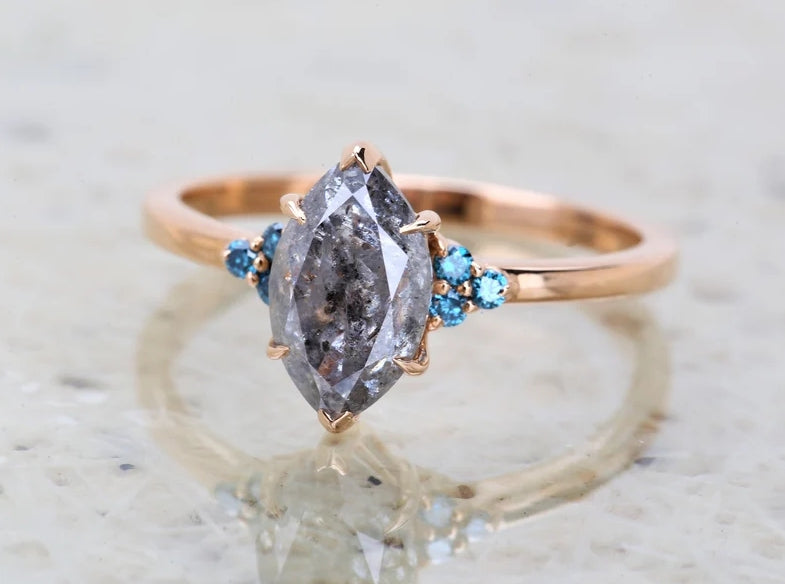 Salt and Pepper Diamond Ring ! Natural Marquis Cut Diamond Engagement Ring ! Natural Gray Color Diamond Anniversary Ring ! Gift For her