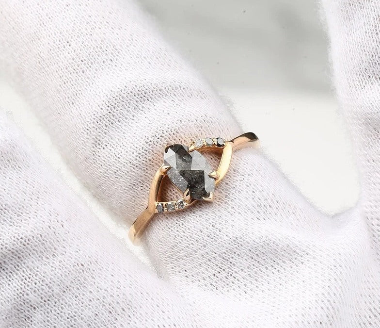 Salt and Pepper Diamond Ring ! Natural Marquise Cut Diamond ! Natural Gray Black Diamond Engagement Ring ! Gift For Her