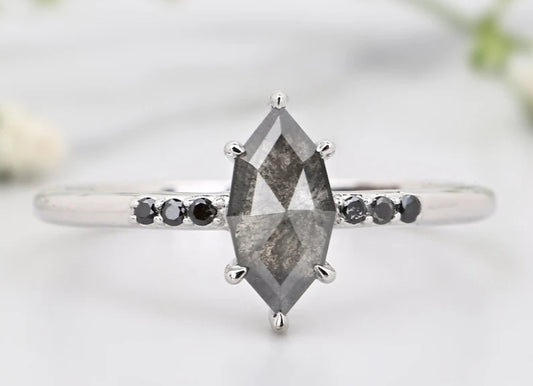 Salt and Pepper Diamond Ring, Marquise Engagement Pave Black Side Stone Ring, 14K White Gold Cluster Ring, Bridal Anniversary Ring