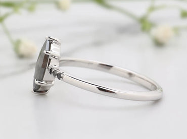 Salt and Pepper Diamond Ring, Marquise Engagement Pave Black Side Stone Ring, 14K White Gold Cluster Ring, Bridal Anniversary Ring