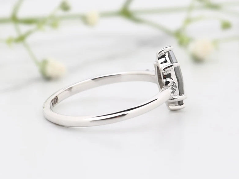 Salt and Pepper Diamond Ring, Marquise Engagement Pave Black Side Stone Ring, 14K White Gold Cluster Ring, Bridal Anniversary Ring