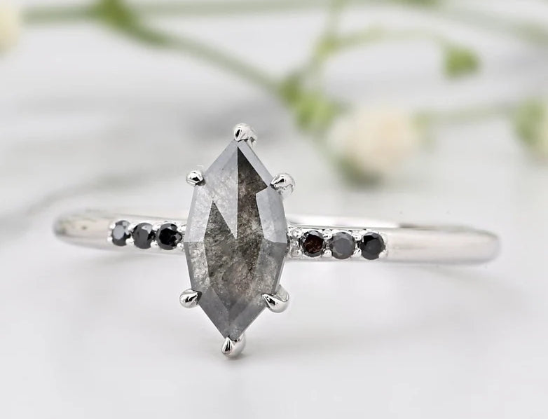 Salt and Pepper Diamond Ring, Marquise Engagement Pave Black Side Stone Ring, 14K White Gold Cluster Ring, Bridal Anniversary Ring