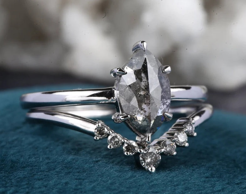 Salt and Pepper Diamond Engagement Ring ! 14K White Gold For Wedding Anniversary With Band Set ! Gift For Her