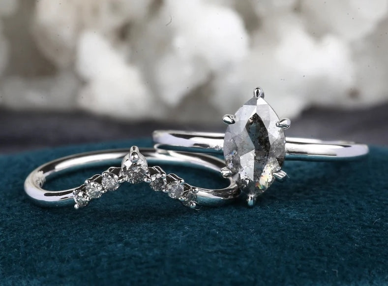 Salt and Pepper Diamond Engagement Ring ! 14K White Gold For Wedding Anniversary With Band Set ! Gift For Her
