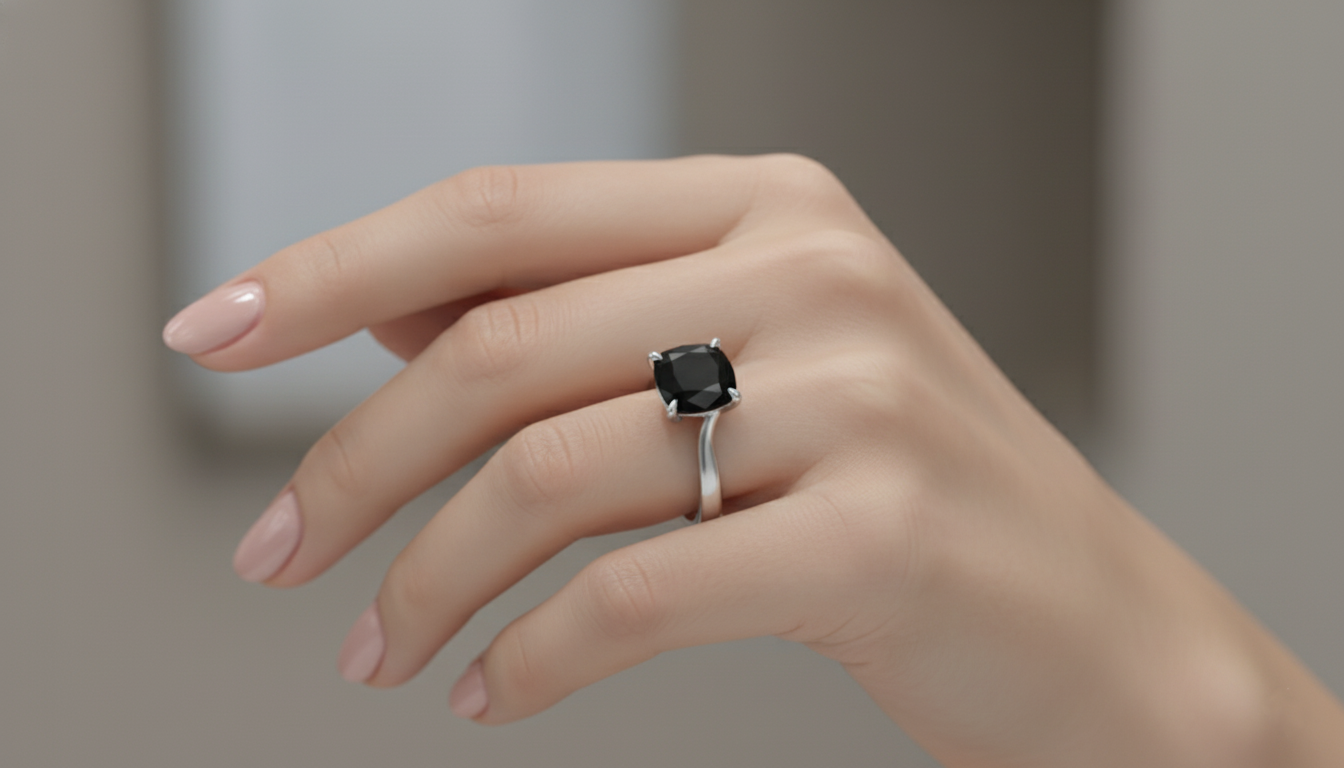 Cushion Shape Black Opaque Color Diamond Solitaire Engagement Ring