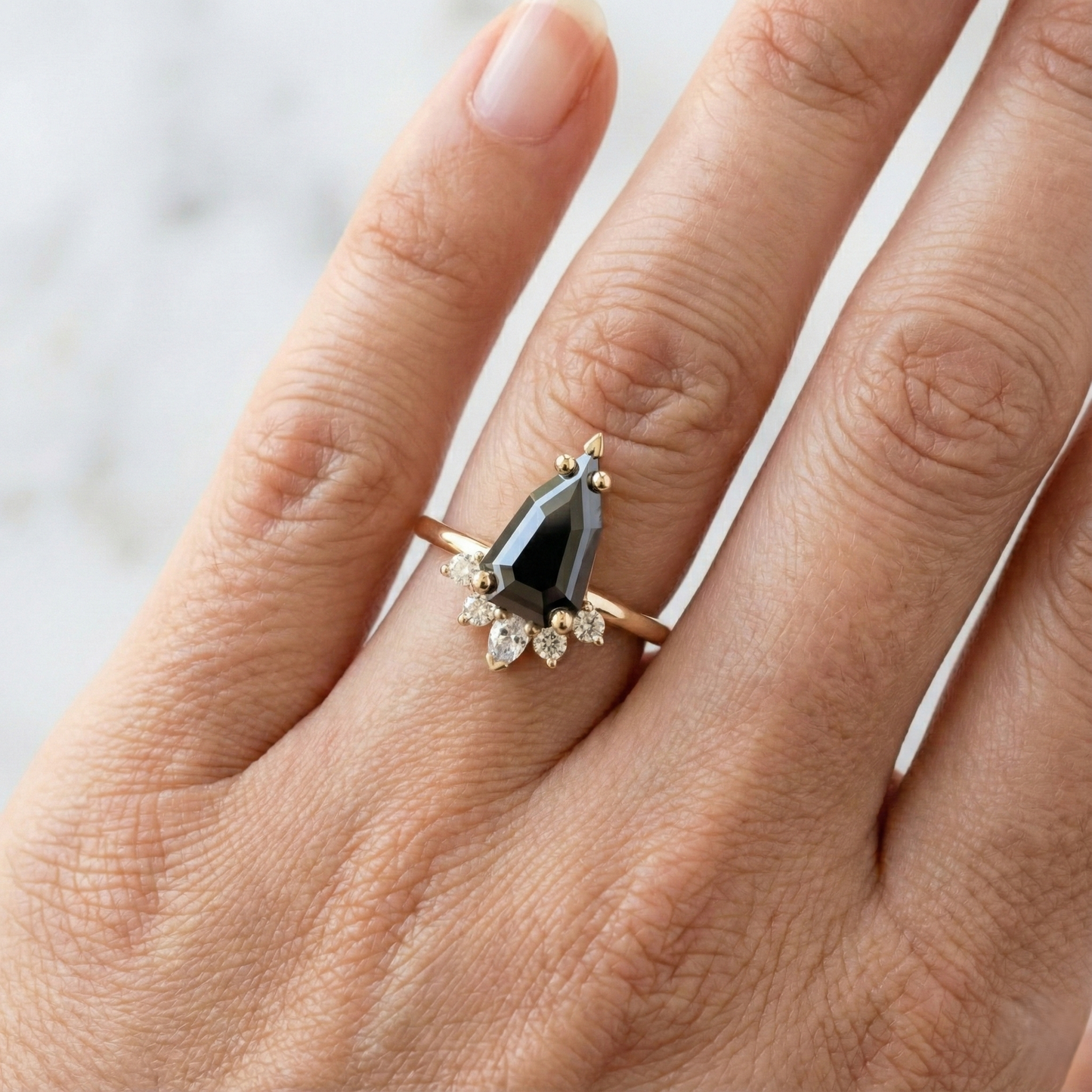 Geometric Shape Fancy Black Color Center Diamond V Shape Setting Engagement Ring