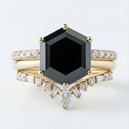 Hexagon Shape Fancy Black Color Center Diamond Vintage Bridal Set Solid Gold Ring - Shree Diamond Mfg