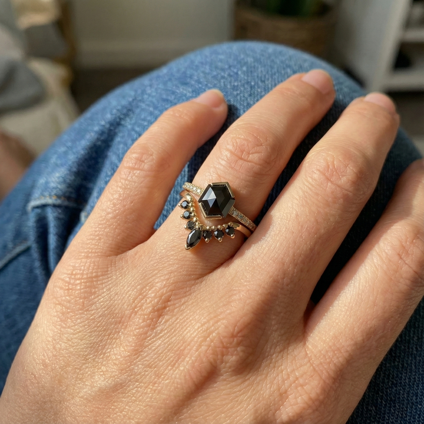 Hexagon Single Cut Fancy Black Color Center Diamond Solid Yellow Gold Ring - Shree Diamond Mfg