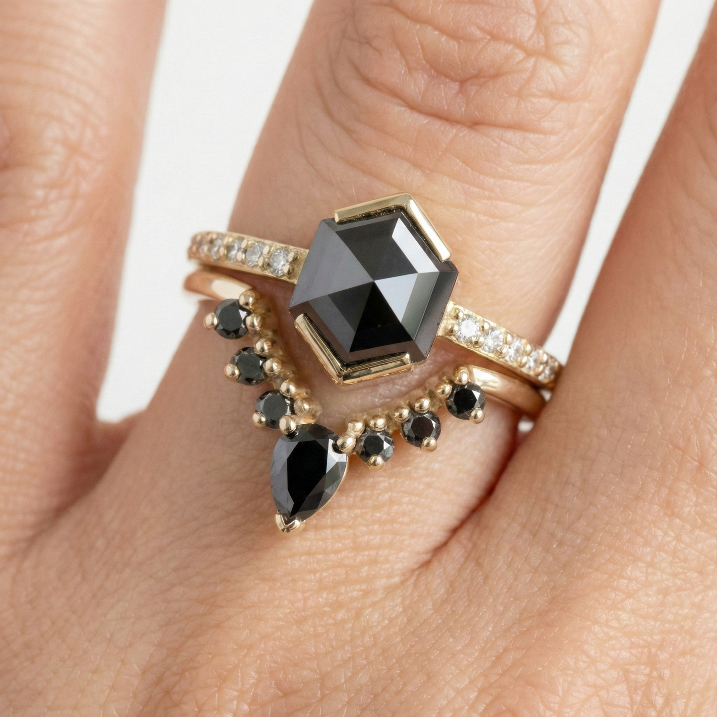 Hexagon Single Cut Fancy Black Color Center Diamond Solid Gold Ring - Shree Diamond Mfg