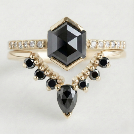 Hexagon Single Cut Fancy Black Color Center Diamond Vintage Bridal Set Gold Ring - Shree Diamond Mfg