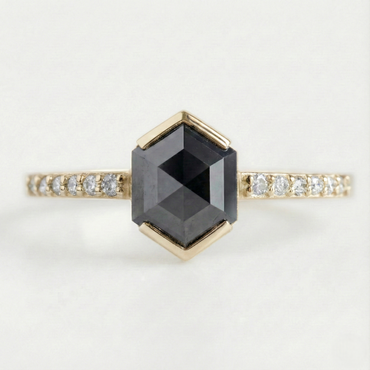 Hexagon Single Cut Fancy Black Color Center Diamond Solid Yellow Gold Ring - Shree Diamond Mfg
