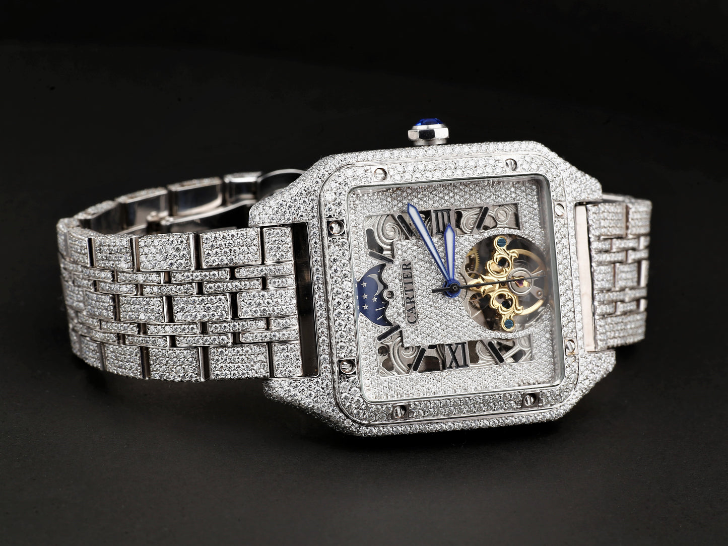 Luxury Cartier Watch in Real VVS Moissanite Diamond Watch, Handmade Stainless Steel Watch For Men/Women