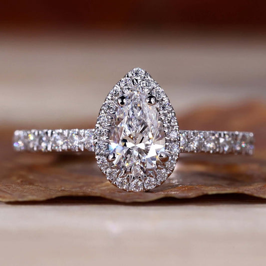 0.75 Carat Pear Cut Lab Grown Diamond Halo Engagement Gold Ring Shree Diamond Mfg