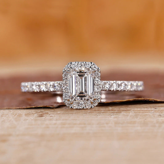 Rectangular Emerald Cut Lab Grown Engagement Halo Gold Ring Pave Setting Shree Diamond Mfg