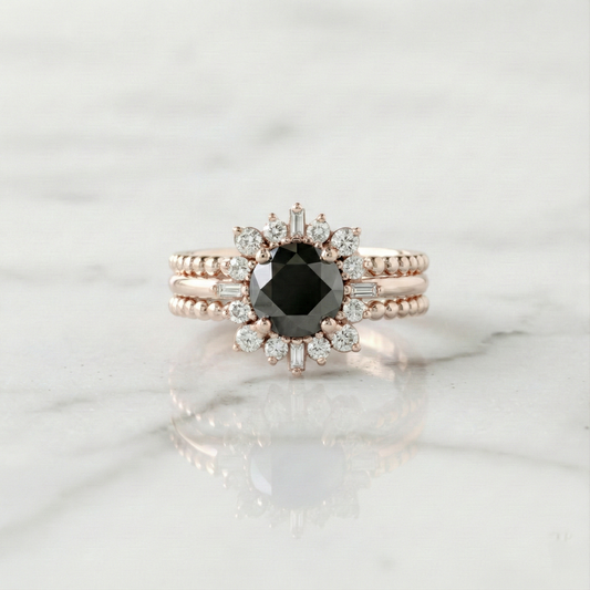 Round Shape Fancy Black Color Center Diamond Bridal Solid Gold Ring Set - Shree Diamond Mfg