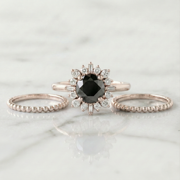 Round Shape Fancy Black Color Center Diamond Bridal Solid Gold Ring Set - Shree Diamond Mfg