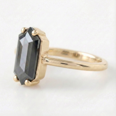 Long Hexagon Shape Fancy Black Color Diamond Solid Gold Vintage Ring