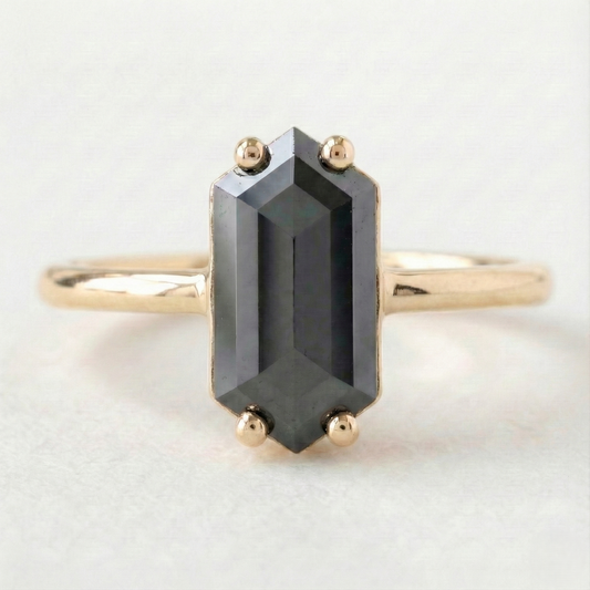 Long Hexagon Shape Fancy Black Color Diamond Solid Gold Vintage Ring