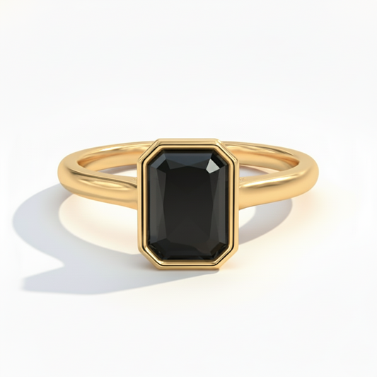 Emerald Shape Black Color Diamond Bezel Set Solitaire Engagement Ring