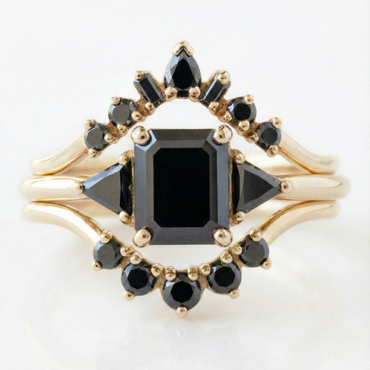 Square Emerald Cut Fancy Black Color Center Diamond Solid Gold Bridal Set Ring Shree Diamond Mfg