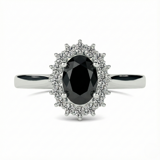 Oval Cut Fancy Black Color Diamond Hidden Halo Shoulder Set Ring