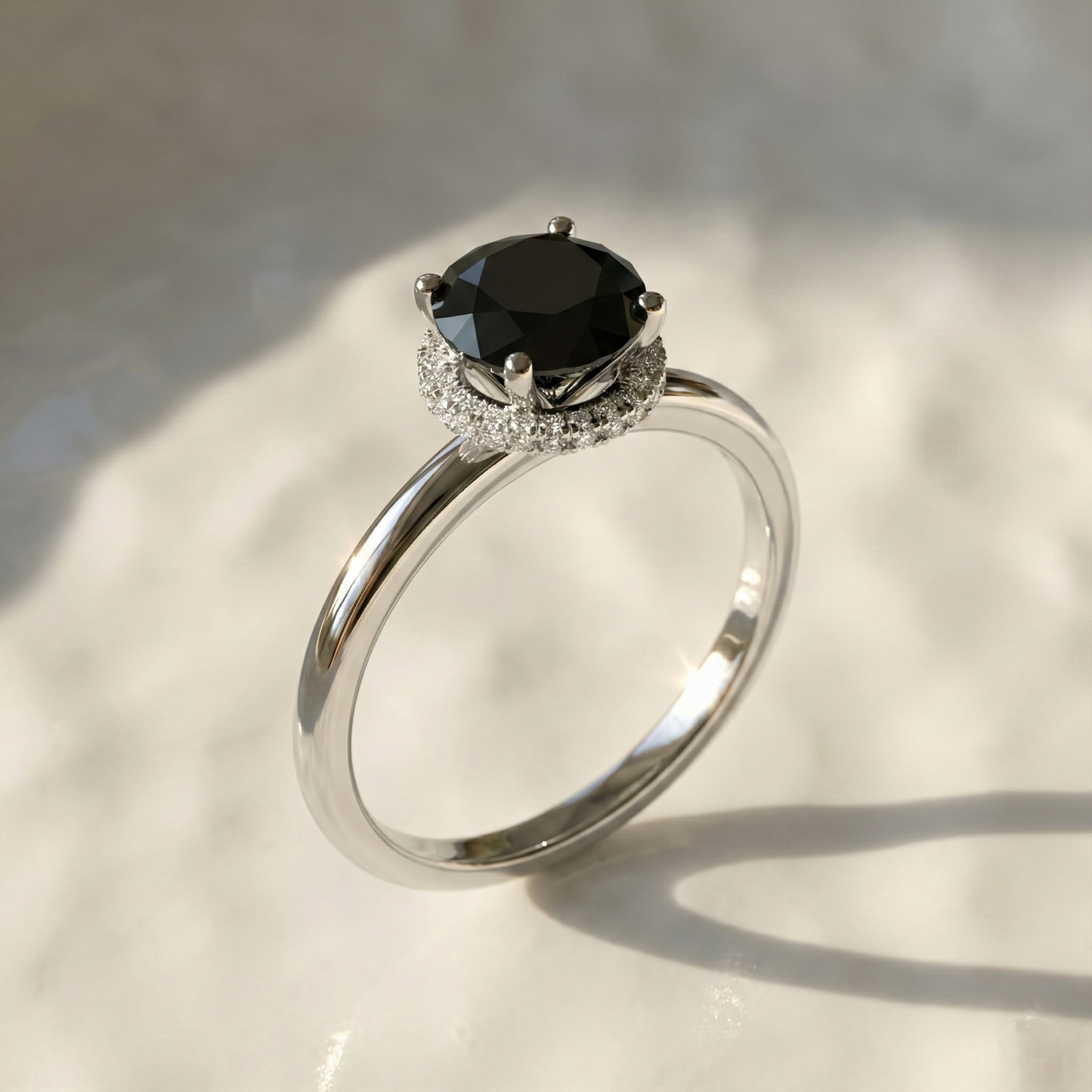 Black Colour Round Shape Center Diamond Hidden Halo Ring - Shree Diamond Mfg