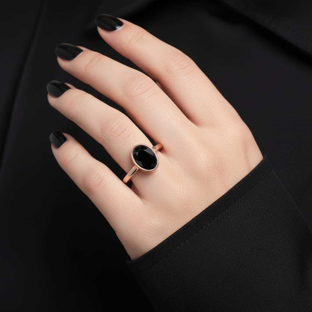 Oval Shape Black Color Diamond Bezel Set Solitaire Engagement Ring