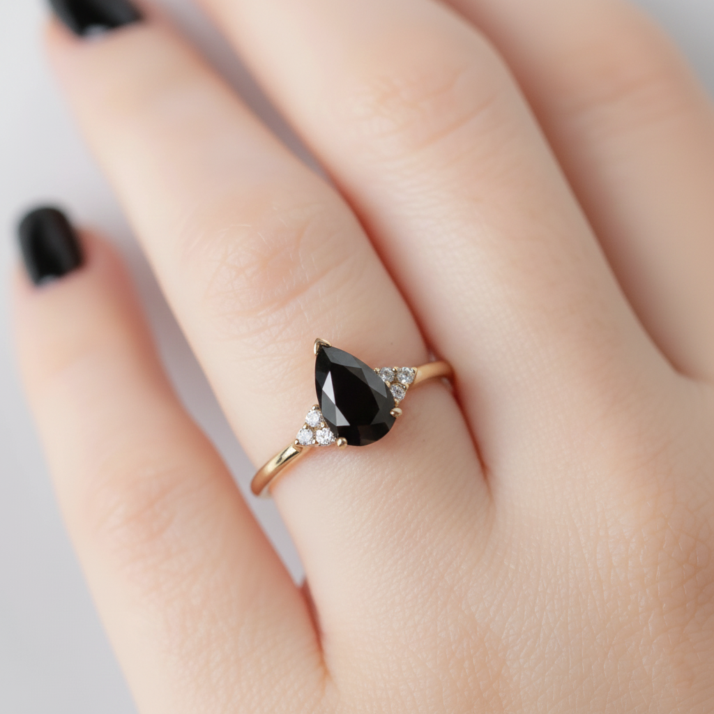Pear Shape Fancy Black Color Center Diamond Engagement Solid Gold Ring