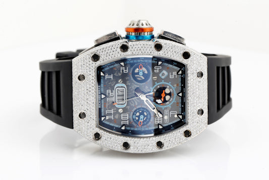 Luxury watch with a detailed face and diamond-studded case on a white background