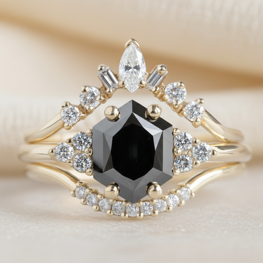 Hexagon Shape Black Color and Salt and Pepper Diamond Vintage Gold Ring