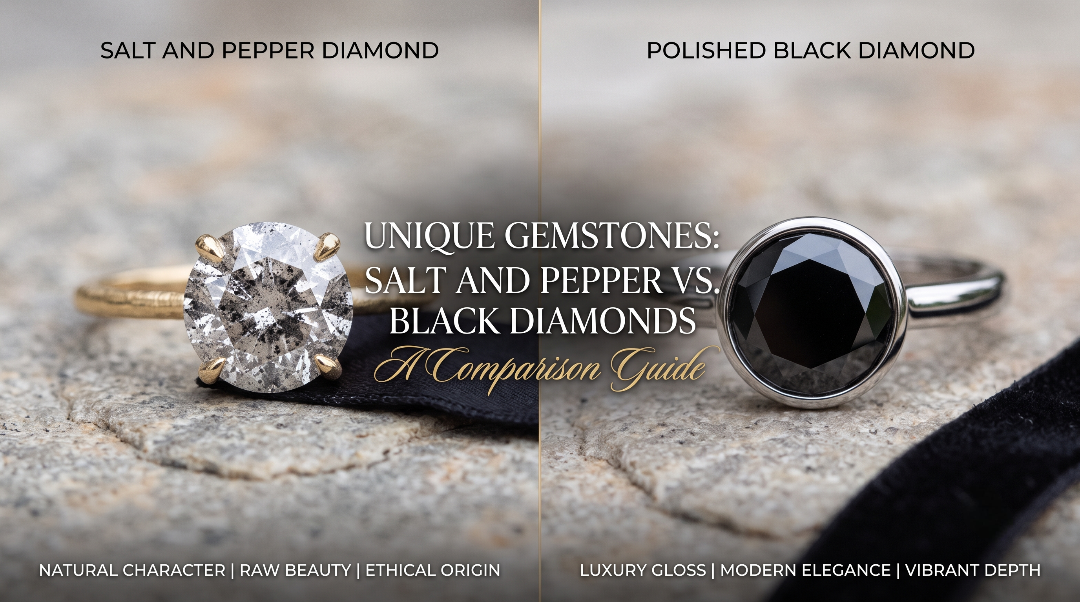 Salt and pepper diamond next to a black diamond for engagement rings