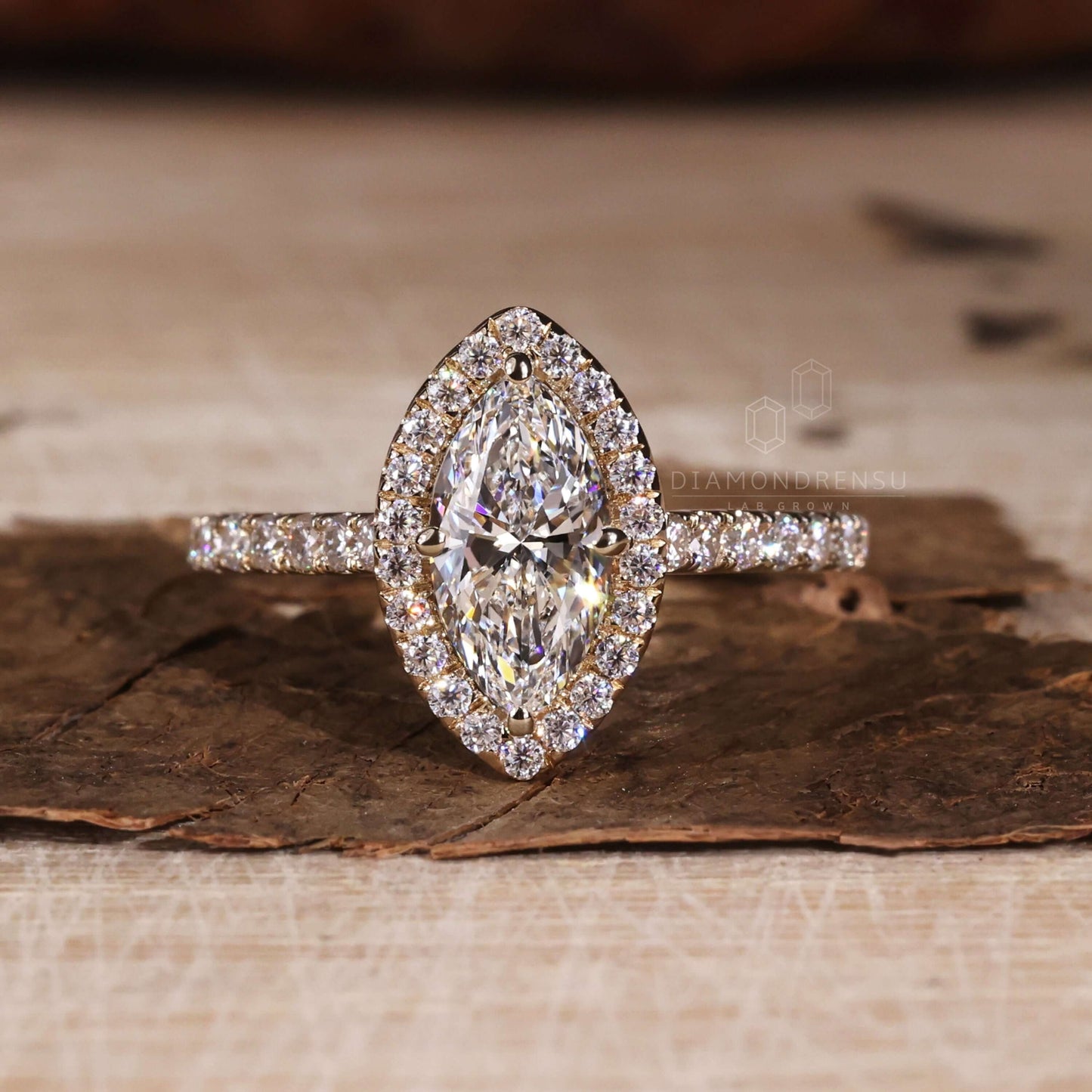 Marquise Cut White Lab Grown Diamond Halo Engagement Gold Ring  Shree Diamond Mfg