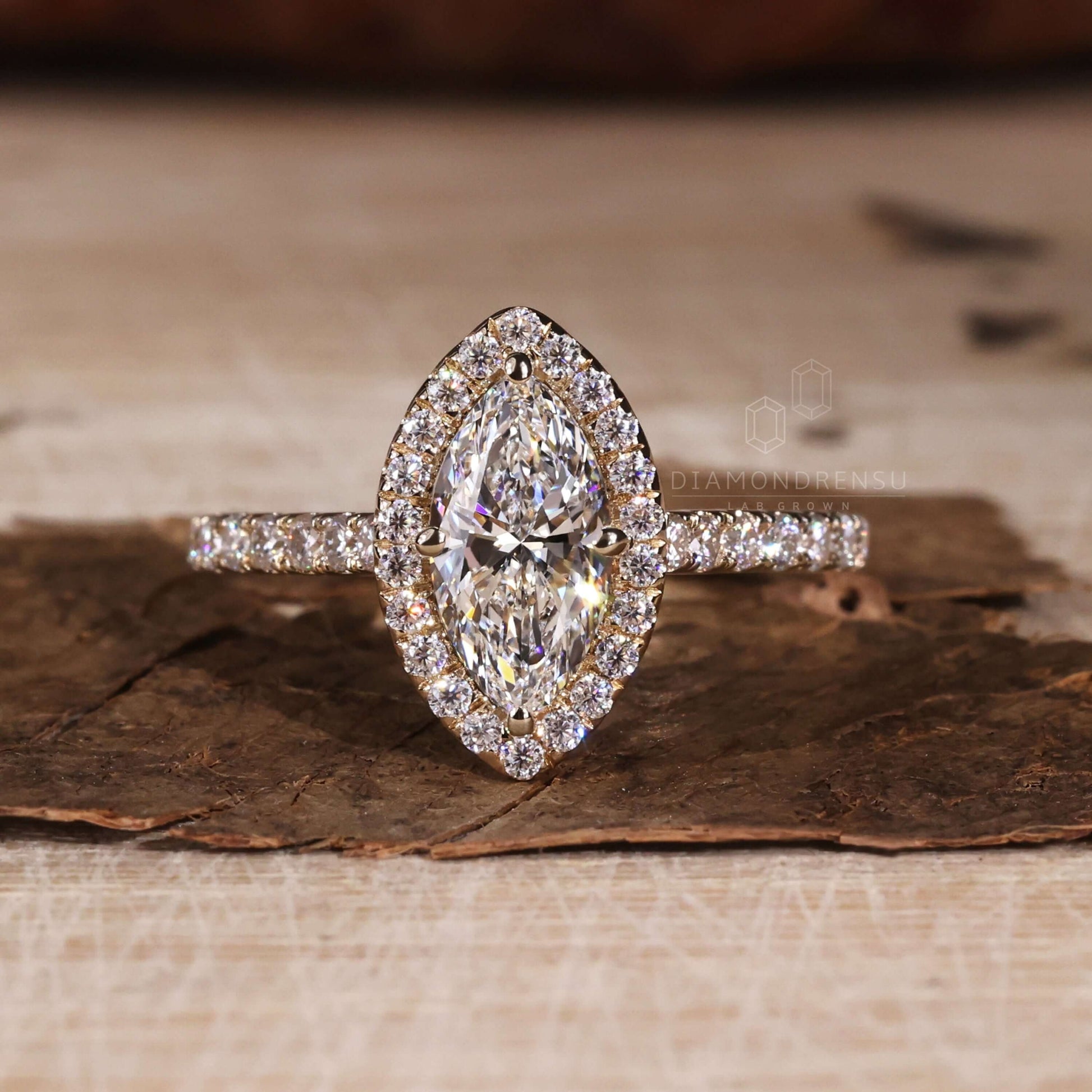 Marquise Cut White Lab Grown Diamond Halo Engagement Gold Ring  Shree Diamond Mfg