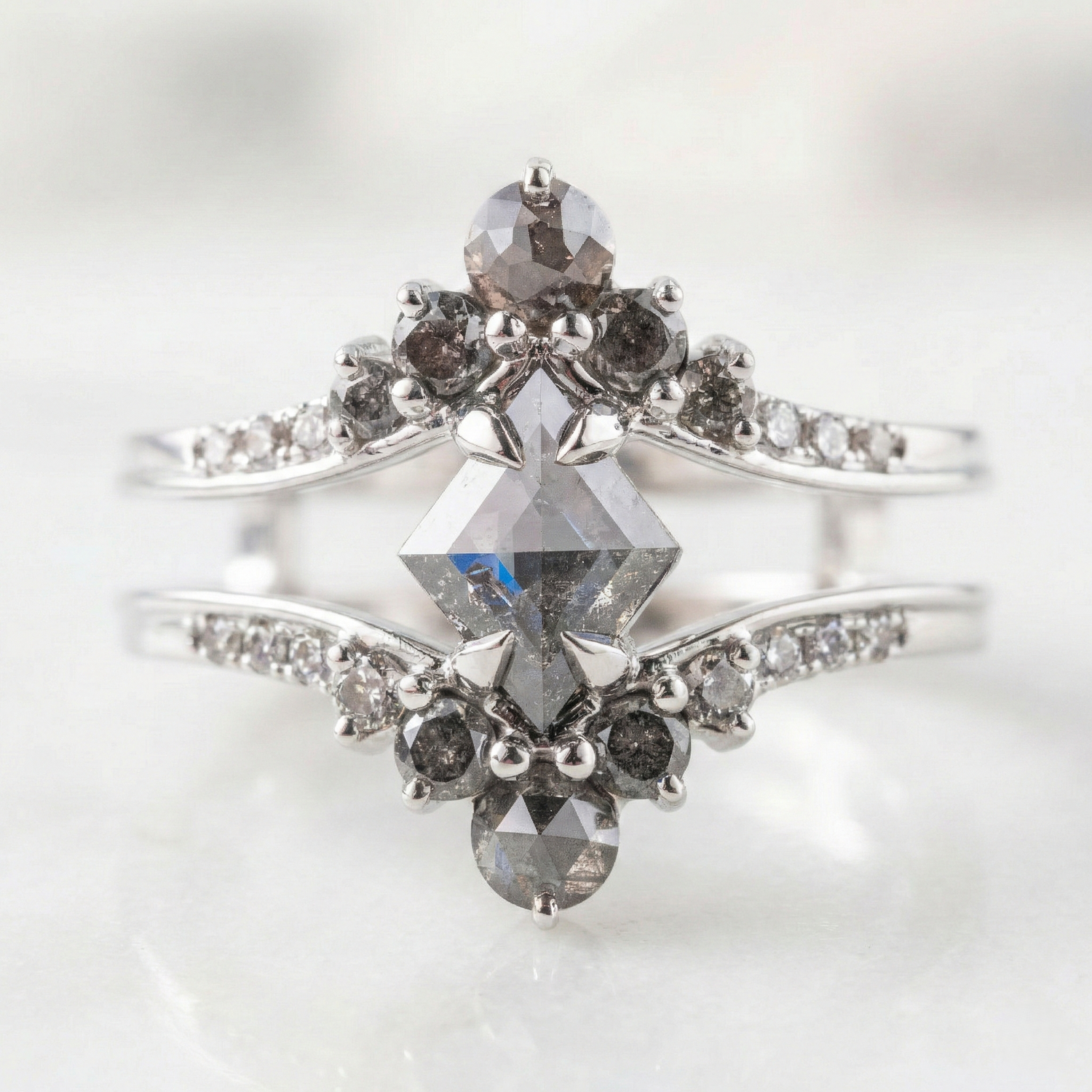 1.17 Carat Salt and Pepper  Kite Cut Diamond Engagement Ring 14K White Gold  Shree Diamond Mfg