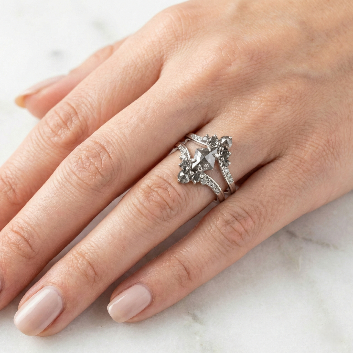 1.17 Carat Salt and Pepper  Kite Cut Diamond Engagement Ring 14K White Gold  Shree Diamond Mfg