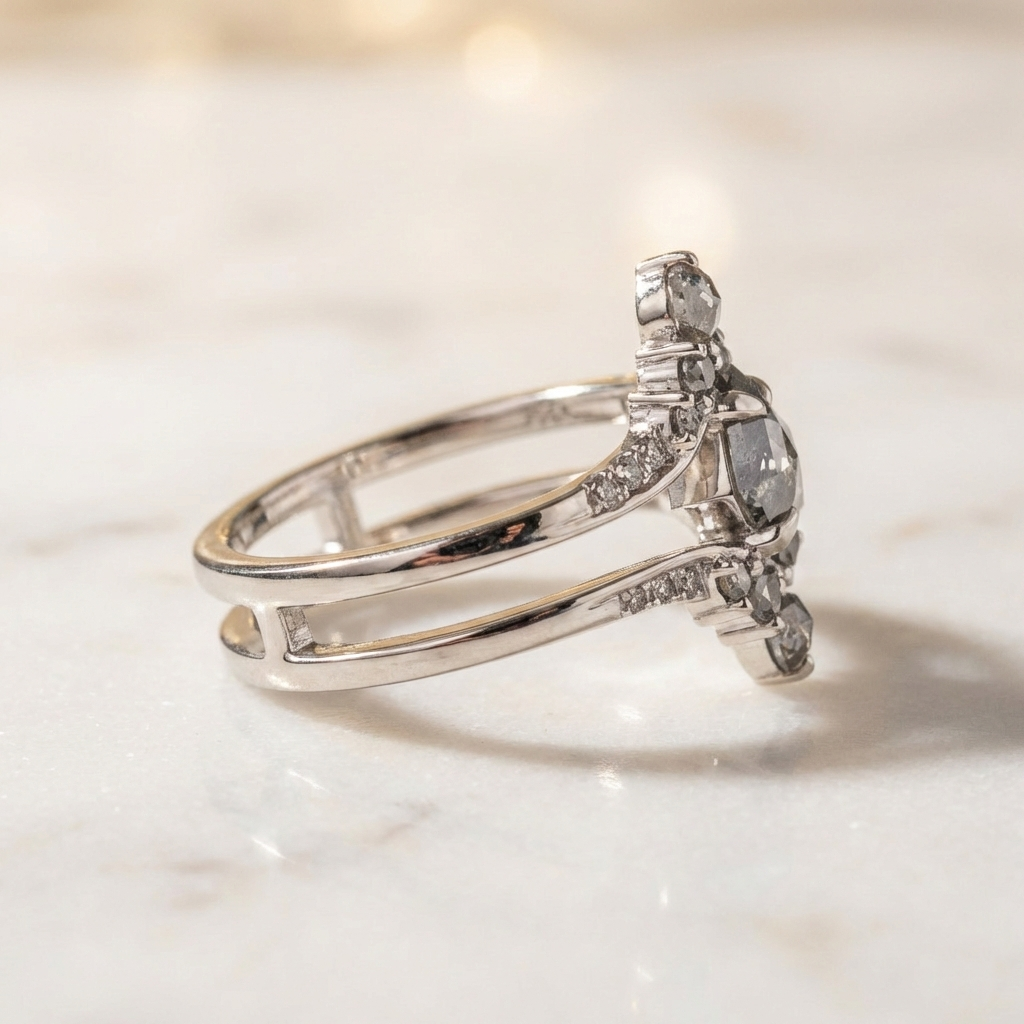 1.17 Carat Salt and Pepper  Kite Cut Diamond Engagement Ring 14K White Gold  Shree Diamond Mfg