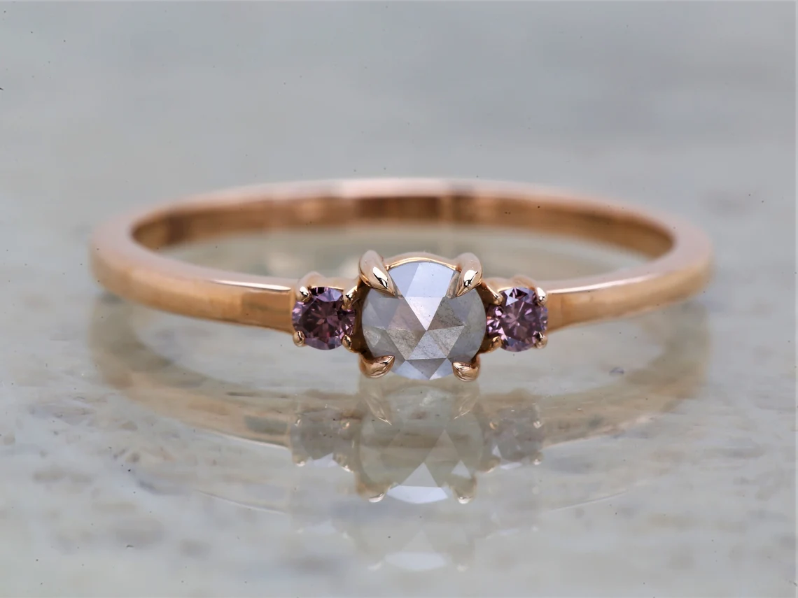 Salt and Pepper Round Rose Cut Diamond Engagement Ring 14k Rose Gold