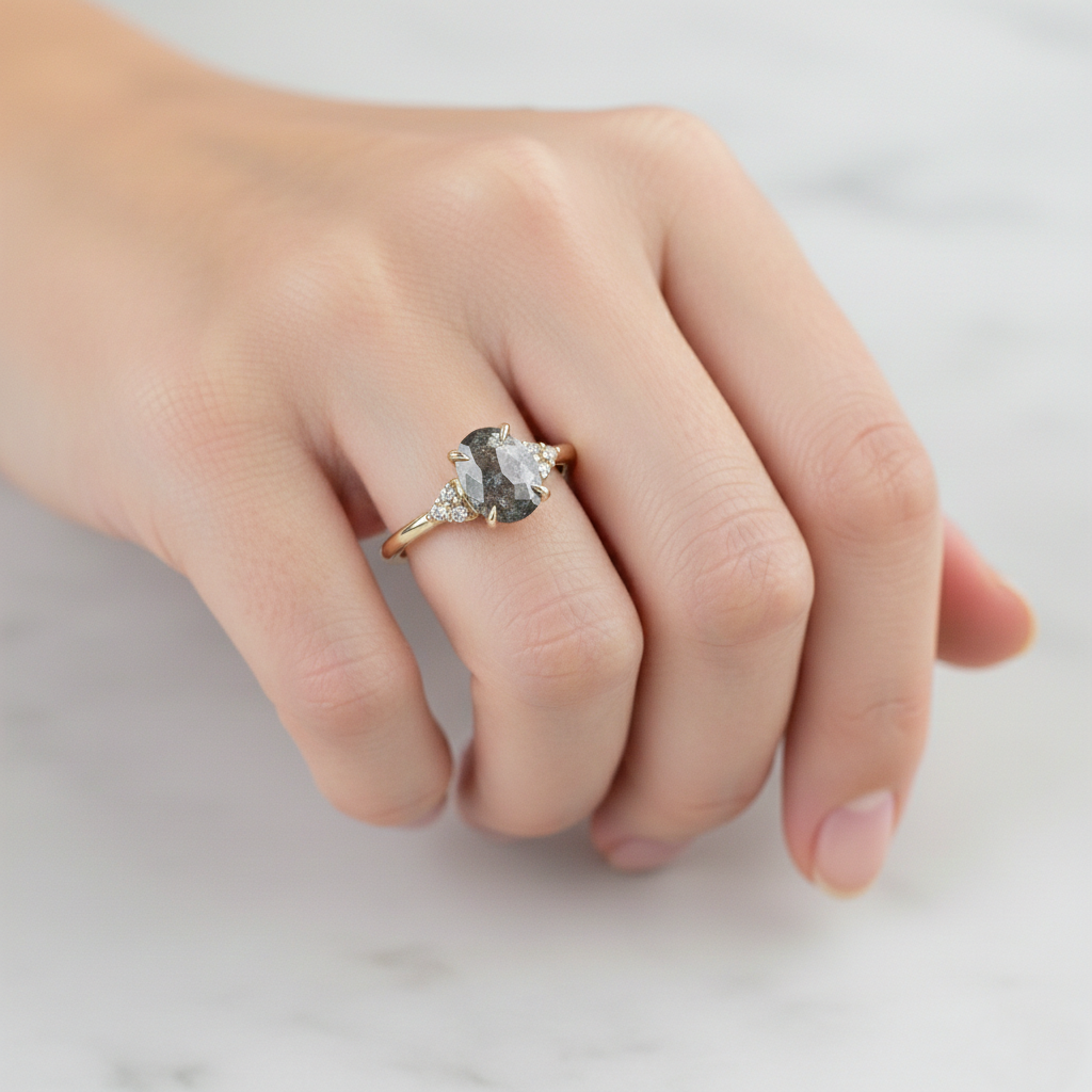 Fancy Salt and Pepper Oval Rose Cut Diamond Enganement Ring 14K Rose Gold  Shree Diamond Mfg