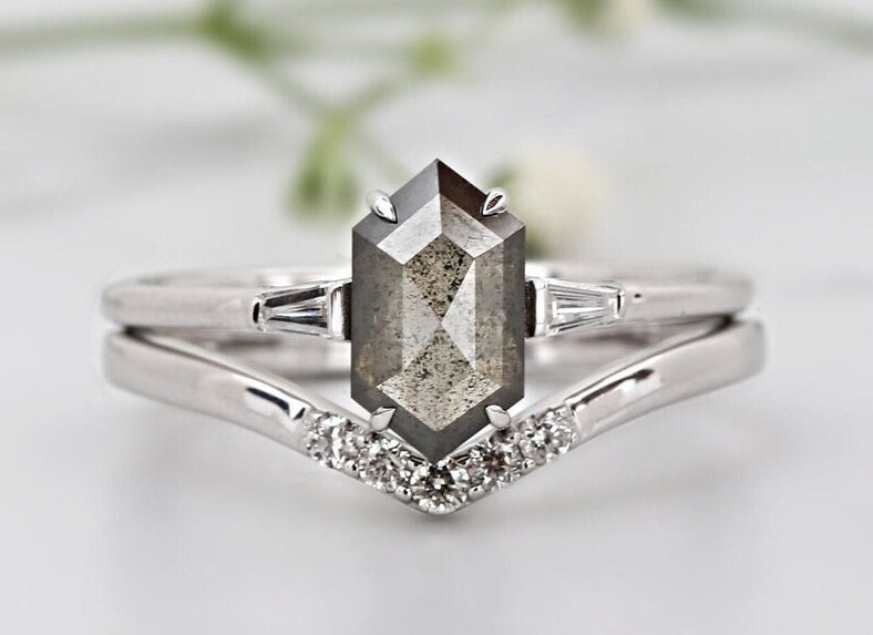 Unique Hexagone Salt and Pepper Engagement Ring, Zoe Setting, 14K White Gold With Ring Set, Anniversary Gift ! Gift For Her
