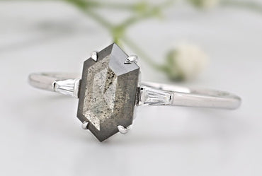 Unique Hexagone Salt and Pepper Engagement Ring, Zoe Setting, 14K White Gold With Ring Set, Anniversary Gift ! Gift For Her