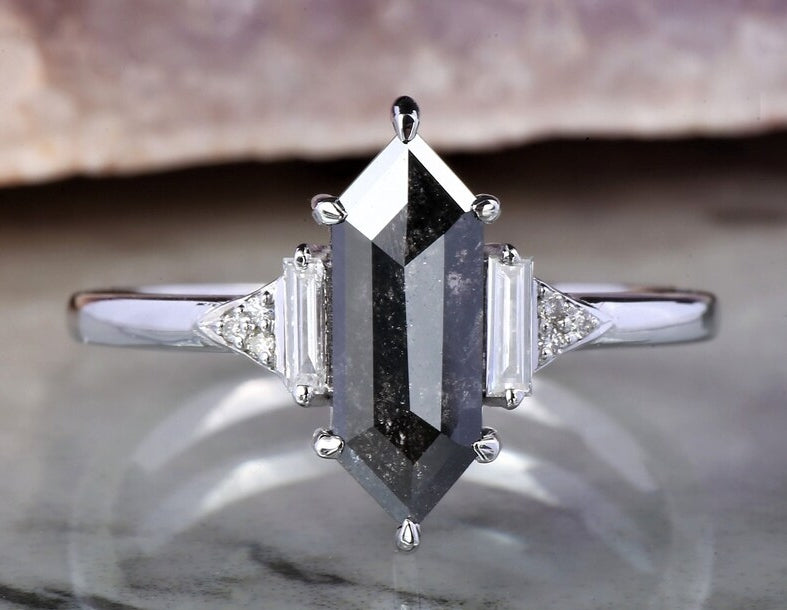 Hexagon Salt and Pepper Natural Diamond Engagement Ring 14K White Gold Vintage Classic Wedding Band Gift For Her