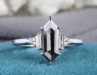 Hexagon Salt and Pepper Natural Diamond Engagement Ring 14K White Gold Vintage Classic Wedding Band Gift For Her